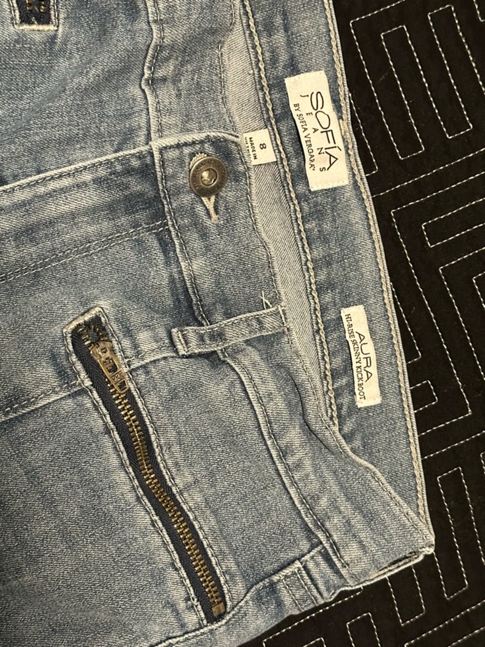sofia by sofia vergara Light Wash Blue Denim Jeans with Brass Zipper Accent